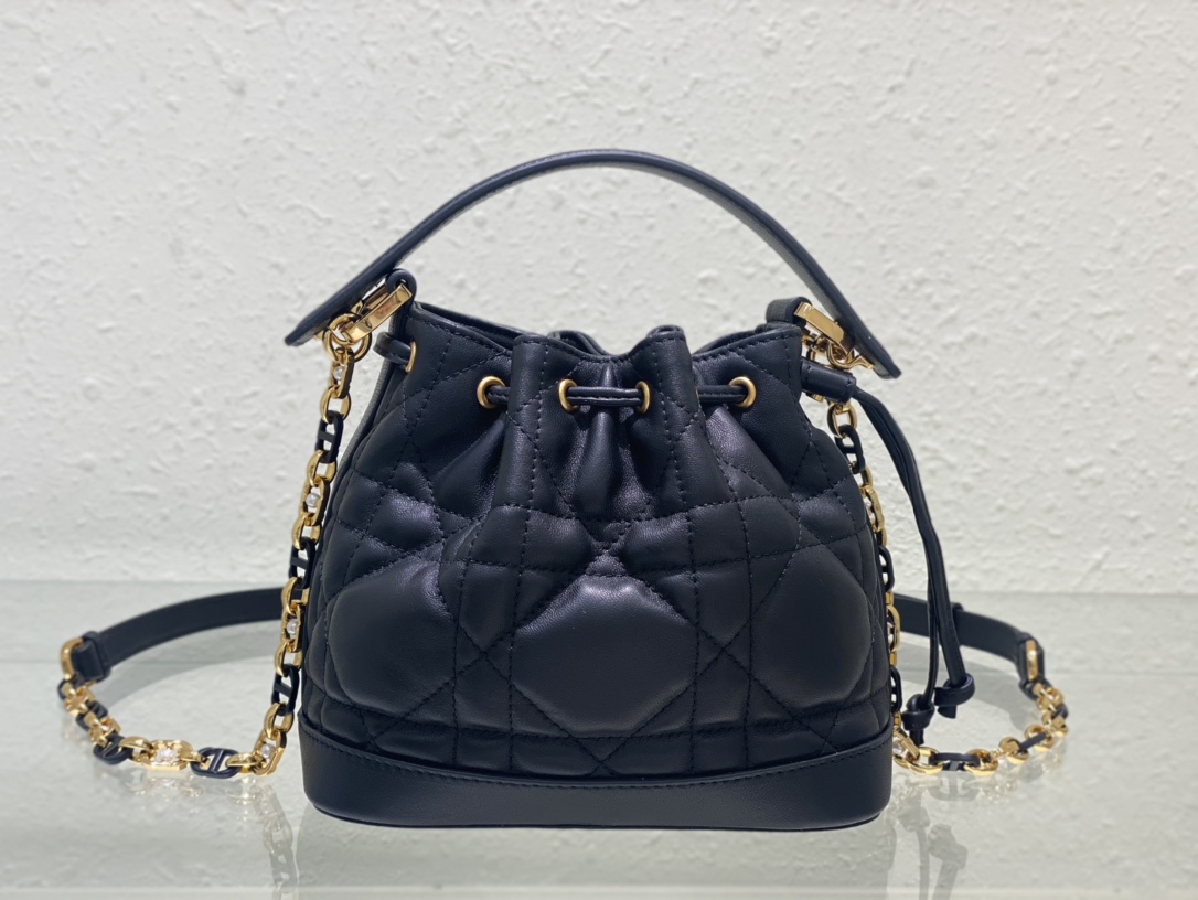 Small Dior Jolie Bucket Bag Black Macrocannage Lambskin and Calfskin